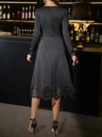 Kadın Uzun Kollu V Yakalı Lazer Kesim Detaylı Midi Ithal Krep Elbise - Görsel 4