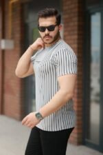 Erkek Dikey çizgili Ottoman Kumaş Kısa Kollu Tişört - Görsel 2