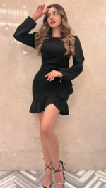 Kadın Uzun Kollu Bisiklet Yaka önden Volanlı Ithal Krep Elbise - Görsel 10