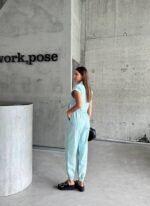 ÇİZGİLİ KETEN KOLSUZ CROP PANTOLON TAKIM - Yeşil - Görsel 2