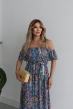 Kadın Kısa Kollu Madonna Yaka Fırfırlı Belden Yırtmaçlı Maksi Süprem Elbise - Görsel 4