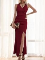 Kadın Ip Askılı Kruvaze Yakalı Yırtmaçlı Uzun Ithal Krep Elbise