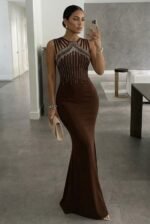 Kadın Omuz çoklu Askılı önü Taş Işlemeli Balık Kesim Janjan Krep Maxi Boy Elbise - Görsel 2