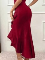 Kadın Askılı V Yakalı önden Fırfırlı Uzun Ithal Krep Elbise - Görsel 4