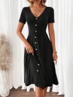 Kadın Kısa Kollu V Yakalı önden Düğmeli A Kesim Dokuma Elbise - Görsel 5