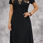 Kadın Kısa Kollu V Yakalı Süs Cep Detaylı Midi Viskon Elbise