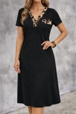 Kadın Kısa Kollu V Yakalı Süs Cep Detaylı Midi Viskon Elbise