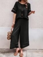 Kadın Kısa Kollu Bisiklet Yakalı Tül şerit Detaylı Bluz Ve Pantolon Ikili Takım - Görsel 2