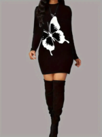 Kadın Uzun Kollu Bisiklet Yaka Kelebek Desenli Kısa Viskon Iki Iplik Elbise - Görsel 3