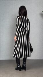 Kadın Uzun Kollu Kruvaze Yaka Kemer Dahil çizgili Triko Elbise - Görsel 4