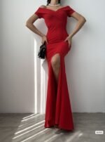 Kadın Dalgıç Kumaş Kayık Yaka Ve Dekolte Detaylı Elbise - Görsel 3