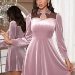 Kadın Uzun Kollu Yakalı Tül Detaylı Incili Mini Kadife Elbise