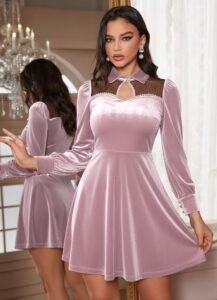 Kadın Uzun Kollu Yakalı Tül Detaylı Incili Mini Kadife Elbise