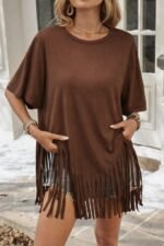 Kadın Kısa Kollu Bisiklet Yaka Püsküllü Viskon Bluz - Görsel 2