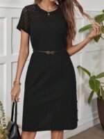 Kadın Kısa Kollu Bisiklet Yaka Dantel Detaylı Düğmeli Modal Elbise - Görsel 4