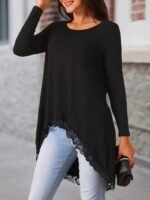 Kadın Uzun Kollu Bisiklet Yaka Asimetrik Kesim Detaylı Dantelli Viskon Bluz - Görsel 3