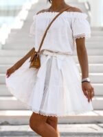 Kadın Dantel Detaylı Madonna Yaka Beli Kuşaklı Keten Kumaş Elbise - Görsel 6