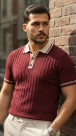 Erkek Düğme Yakalı Kontrast Yaka Triko Tişört - Görsel 5