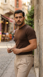 Erkek Basic Bisiklet Yaka Kısa Kollu Triko Tişört - %100 Pamuk Akrilik - Görsel 4