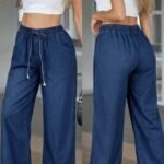 Kadın Yüksek Bel Lastikli Bağcıklı Kot Pantolon