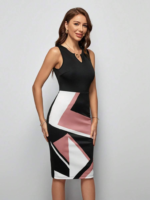 Kadın Kolsuz V Yakalı Geometrik Desenli Midi Dalgıç Elbise - Görsel 3