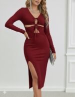 Kadın Uzun Kollu Göğüs Ve Göbek Dekolte Detay Sandy Midi Boy Elbise - Görsel 3