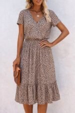 Kadın Kısa Kollu V Yakalı Beli Lastikli Midi Süprem Elbise - Görsel 2