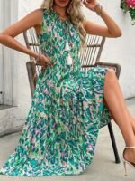 Kadın Askılı Yakası Fırfırlı Bağcıklı Desenli Uzun Süprem Elbise