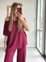 Kadın Tek Omuzdan Açık Geniş Kesim Viskon Iki Iplik Bluz Ve Pantolon Ikili Takım - Görsel 2