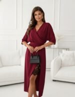 Kadın Uzun Kollu Kruvaze Yakalı Yandan Dantelli Midi Ithal Krep Elbise - Görsel 2