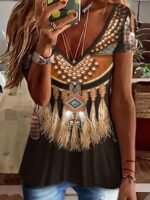 Kadın Kısa Kollu V Yakalısalaş Etnik Desenli Süprem Bluz