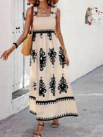 Kadın Askılı Kare Yaka Gipe Detaylı Desenli Suprem Elbise