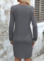 Kadın Uzun Kollu Omuzdan Açık V Dantel Yakalı Mini Waffle Elbise - Görsel 3