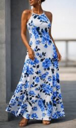 Kadın Omuzlardan Açık Ip Askılı Desenli Uzun Süprem Elbise - Görsel 3