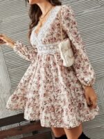 Kadın Uzun Kollu Dantel V Yakalı Mini Desenli Süprem Elbise - Görsel 4