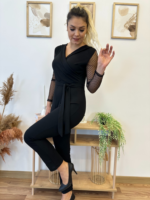 Kadın Uzun Kollu Kruvaze Yakalı Kolları Tül Detay Beli Kuşaklı Ithal Krep Tulum - Görsel 16