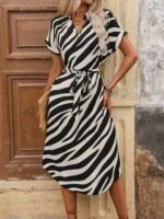 Kadın Kısa Kollu V Hakim Yakalı Zebra Desenli Midi Süprem Elbise - Görsel 4