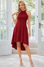 Kadın Omuzlardan Açık Boyundan Halka Detaylı Görünümlü Asimetrik Detaylı Kısa Ithal Krep Elbise - Görsel 4