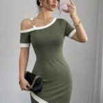 Kadın Kısa Kollu Asimetrik Kesim Yaka şerit Ve Aksesuar Detaylı Modal Elbise