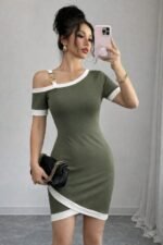 Kadın Kısa Kollu Asimetrik Kesim Yaka şerit Ve Aksesuar Detaylı Modal Elbise