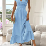 Kadın Kısa Kollu Kruvaze Yakalı Beli Lastikli Müslim Elbise