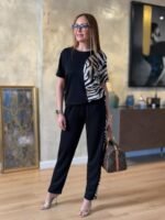 Kadın Bisiklet Yaka Kısa Kol Leopar Desen Bluz Ve Pantolon Ikili Takım - Görsel 7