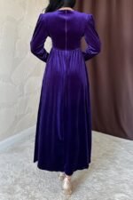 Mor Göğüs Altı Taşlı Elbise - Görsel 3