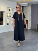 Kadın Kısa Kollu V Yakalı Cep Detaylı Uzun Viskon Iki Iplik Elbise - Görsel 3