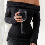 Kadın Uzun Kollu Omuzlardan Açık Kısa şardonlu Triko Elbise