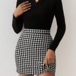 Kadın Uzun Kollu V Yakalı Kaz Ayağı Desenli şardonlu Dalgıç Elbise