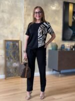 Kadın Bisiklet Yaka Kısa Kol Leopar Desen Bluz Ve Pantolon Ikili Takım - Görsel 4