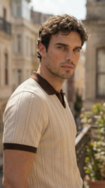 Erkek Örgü Desen Yakalı Kısa Kollu Triko Tişört - %100 Pamuk Akrilik