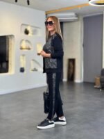 Kadın Uzun Kollu önden Fermuarlı Leopar Desenli Viskon Iki Iplik Bluz Ve Pantolon Ikili Takım - Görsel 2