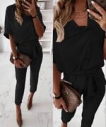 Kadın Kısa Kollu Yakalı önden Düğmeli Bürümcük Bluz Ve Pantolon Ikili Takım